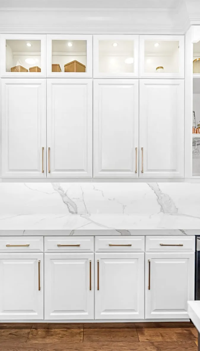 White replacement kitchen cabinets with brass hardware