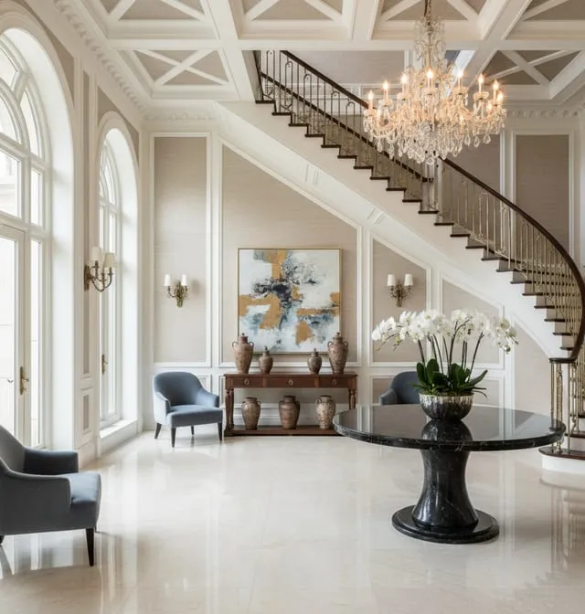 Flooring installation in an entry hall with a curved staircase and a crystal chandelier