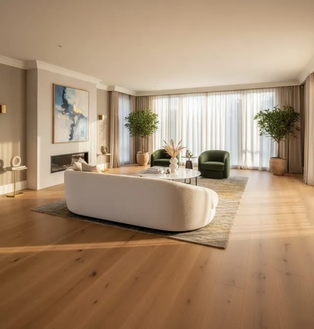 Flooring installation with wide plank wood floors in an open living room with a curved sofa